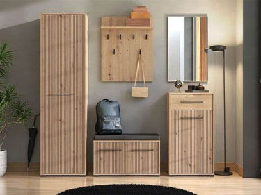 Lazlo Slatted Artisan Oak Effect Narrow Hallway Sideboard with Storage Drawer and Door - UK Luxury Furniture